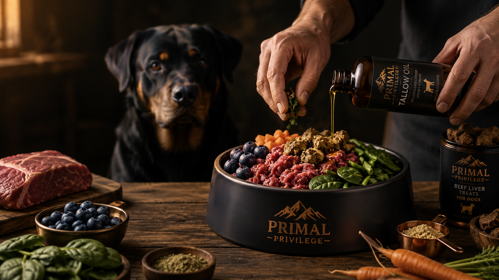 "Dog owner building a nutritious bowl with raw beef, blueberries, spinach, carrots, green beans, and finishing oil while a dog waits nearby."