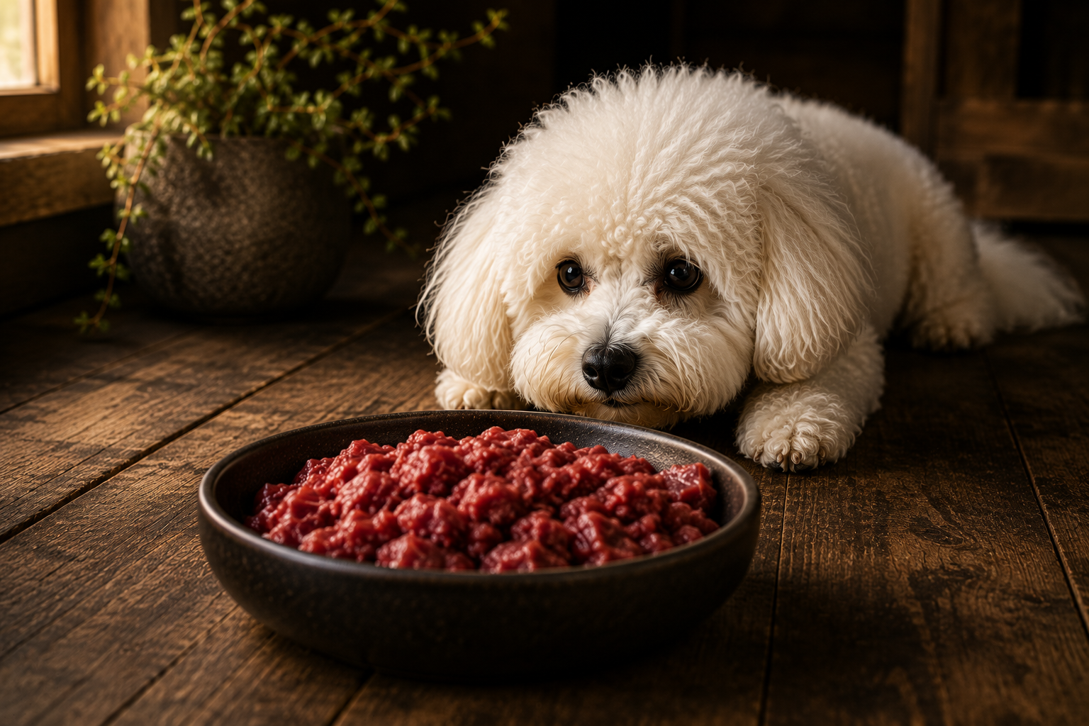 Close-up of a premium raw beef meal being prepared for a dog with whole muscle protein